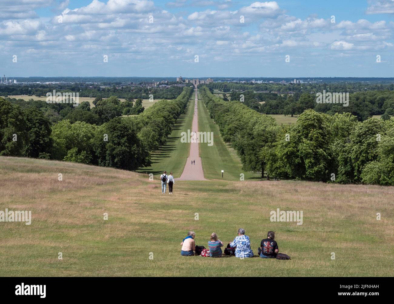 View from Snow Hill down the Long Walk towards Windsor Castle, Windsor Great Park, UK. Stock Photo