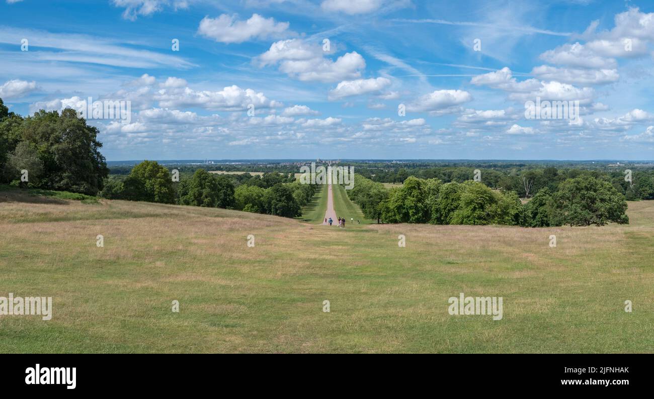 View from Snow Hill down the Long Walk towards Windsor Castle, Windsor Great Park, UK. Stock Photo
