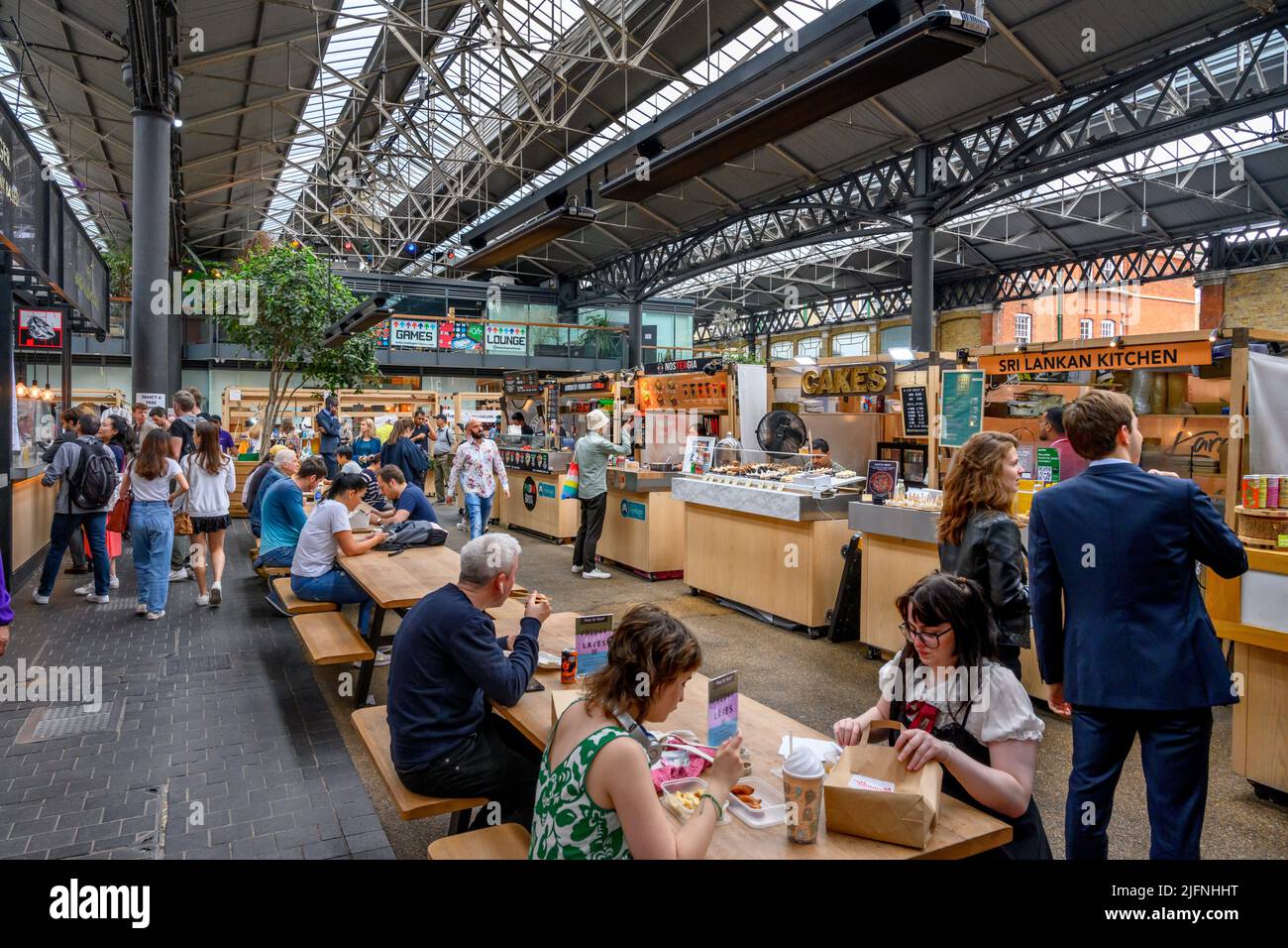 Food Stalls in Old Spitalfields Market, Tower Hamlets, East End, London, England, UK Stock Photo