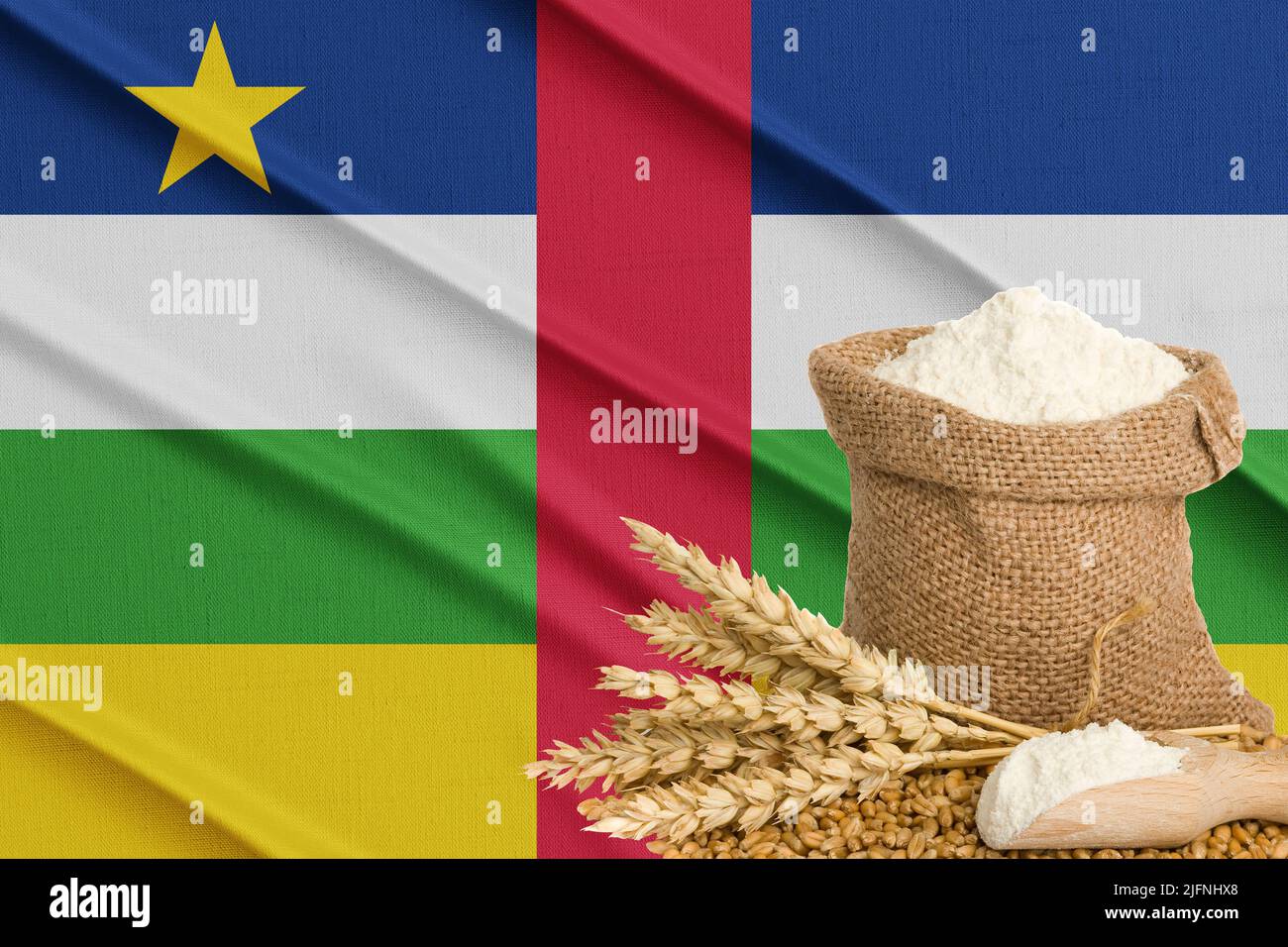 Central African Republic  grain crisis, Concept global hunger crisis, On background Flag Central African Republic wheat grain. Concept of growing whea Stock Photo