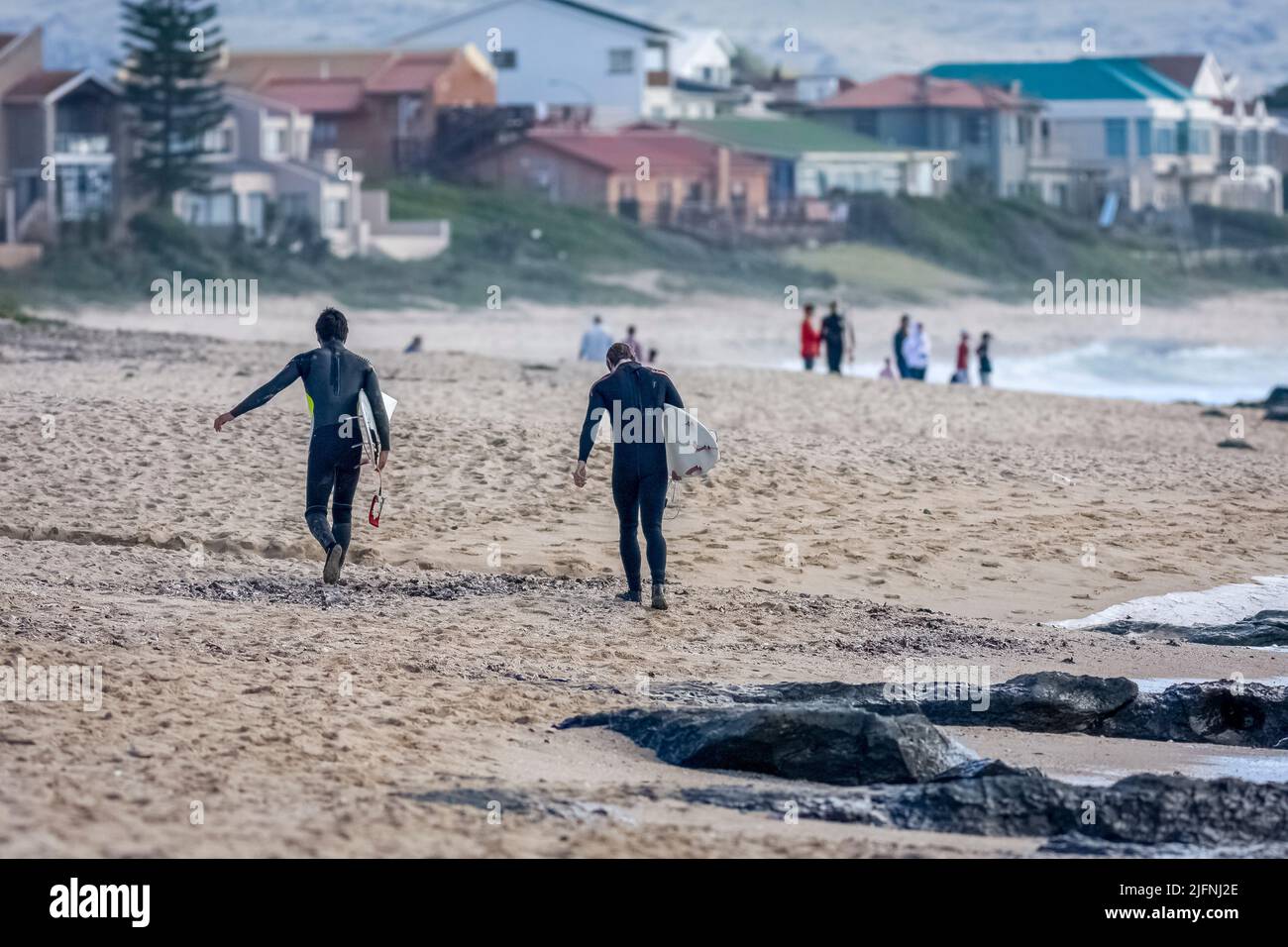 A back view of surfers in wetsuits walking on the beach with surfboards