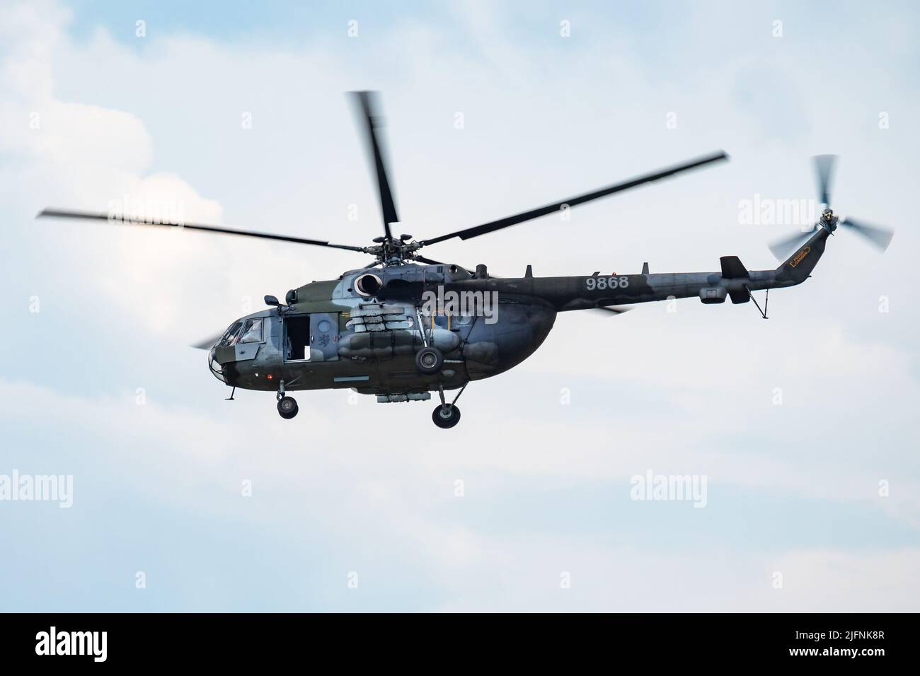 SLIAC / SLOVAKIA - AUGUST 3, 2019: Czech Air Force Mil Mi-171Sh 9868 transport helicopter display at SIAF Slovak International Air Fest 2019 Stock Photo