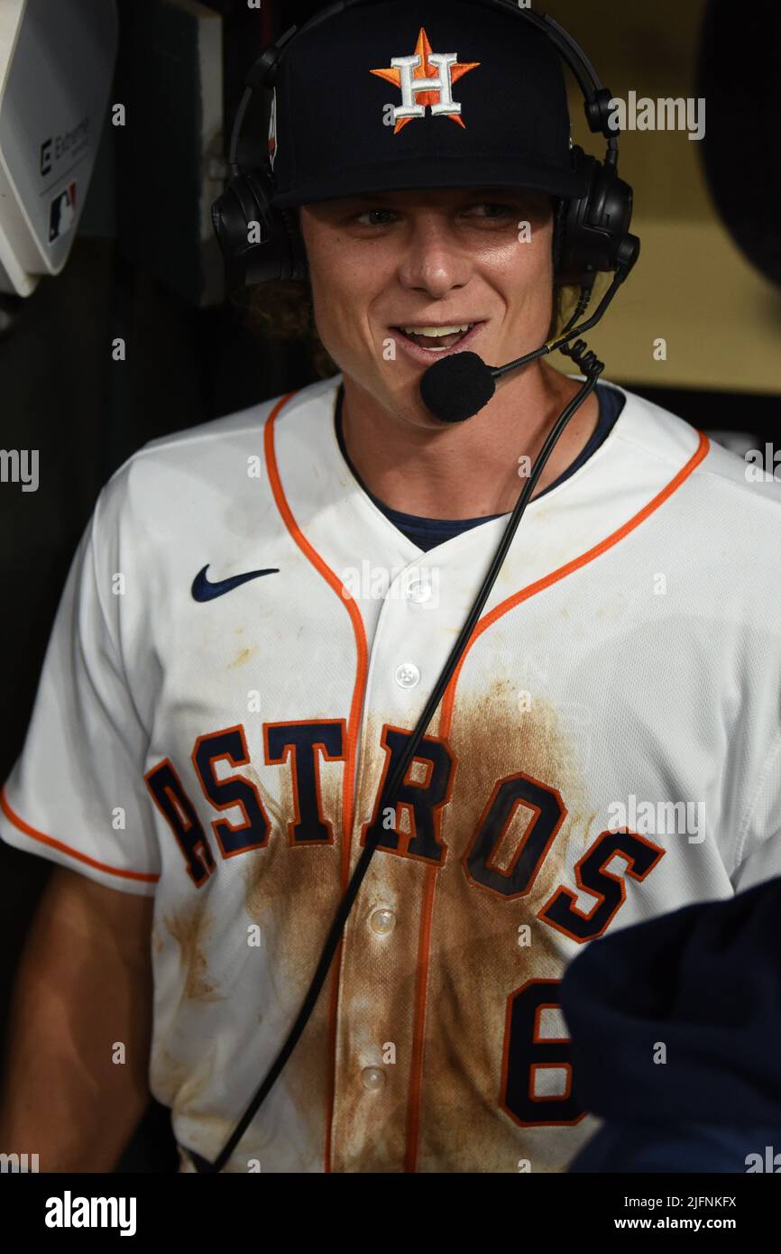 Houston Astros center fielder Jake Meyers (6) gets interviewed after the  MLB game between the New York Yankees and the Houston Astros on Thursday,  Jun Stock Photo - Alamy