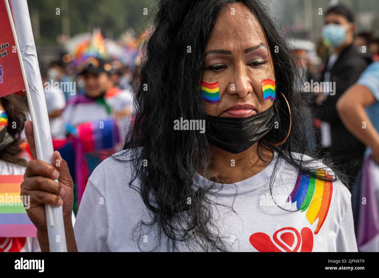 Photo of a woman with rainbow flags on her face at Lima's Marcha del Orgullo, the city's annual Pride march event. Stock Photo