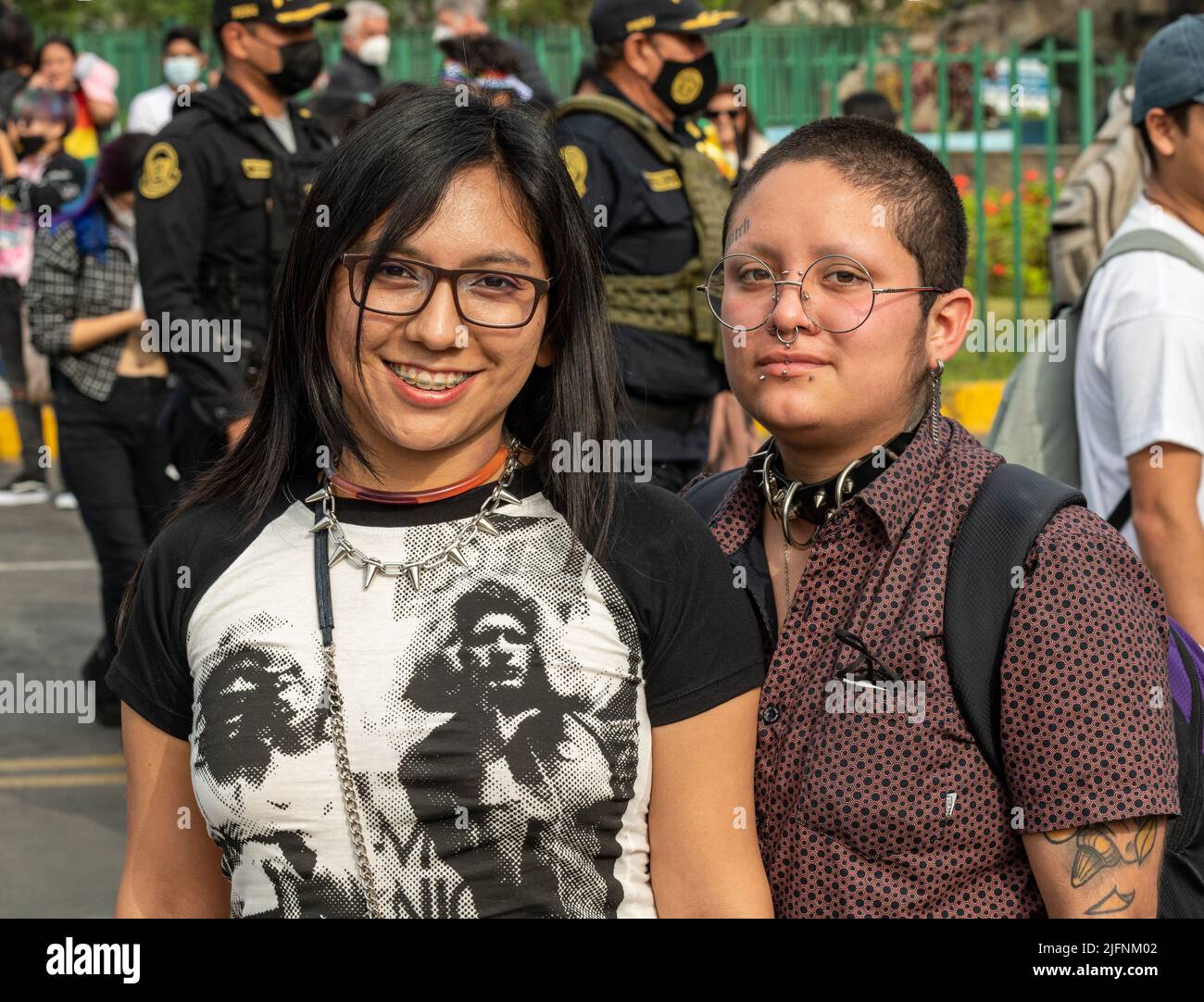 Photo of a young couple posing at Lima's Marcha del Orgullo, the city's annual Pride march event. Stock Photo