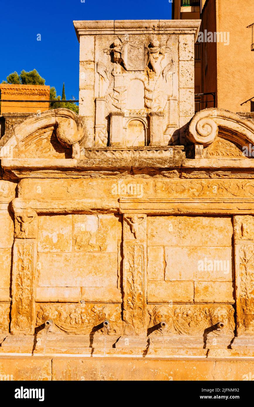 Detail. Twenty pipes fountain. Daroca, Zaragoza, Aragón, Spain, Europe Stock Photo