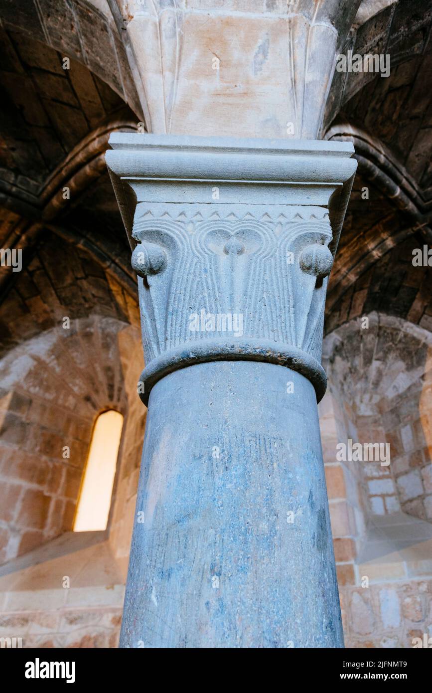 Column detail. Hall of the Conversi - Refectory of converts. Monastery of Santa María de Huerta is a Cistercian monastery located in Santa María de Hu Stock Photo