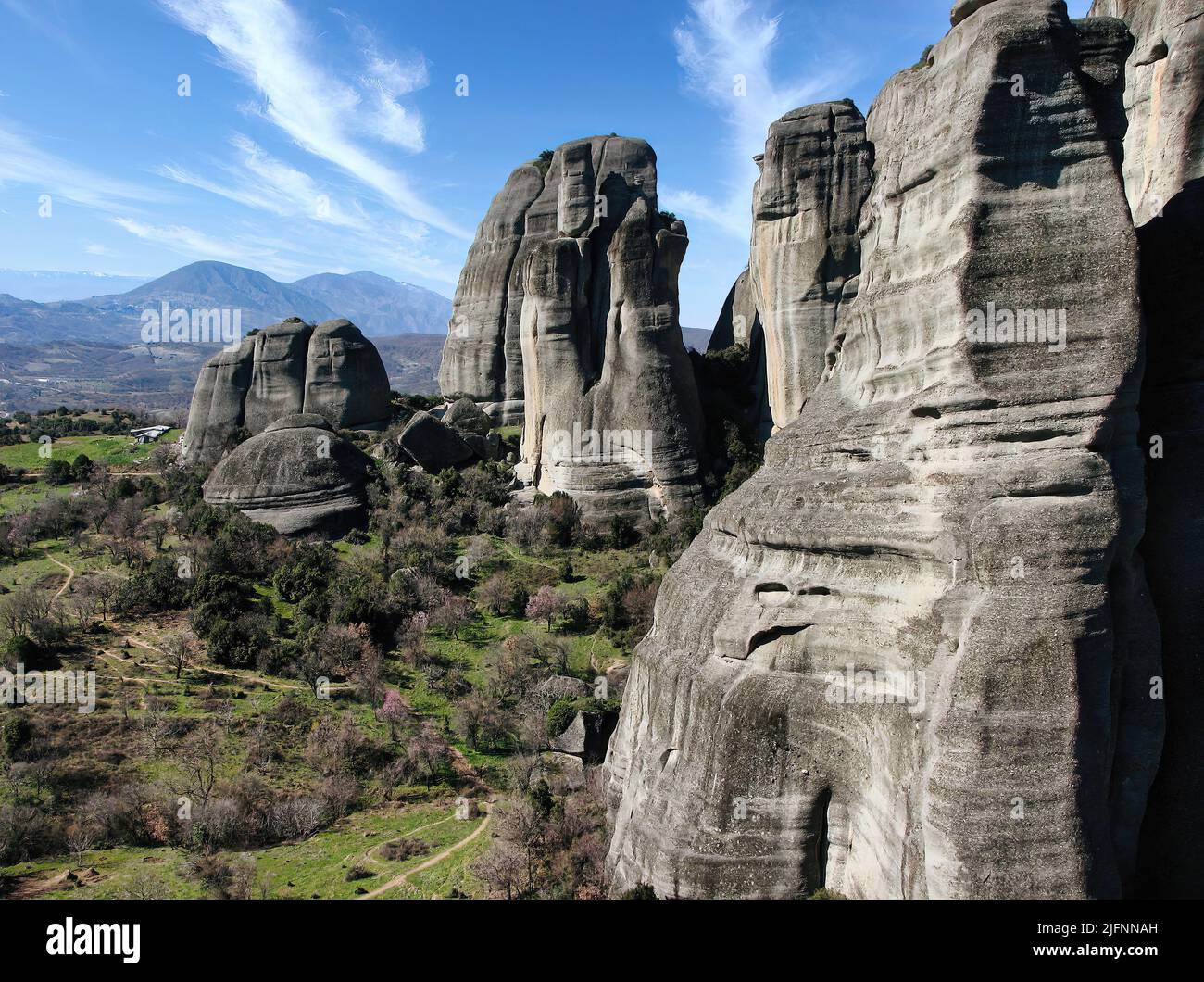 Greece Meteora landscape panoramic aerial view. Kalabaka village and famous rock formations. Stock Photo