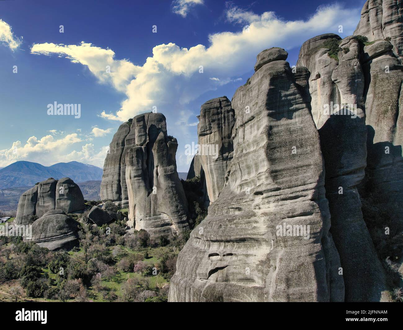 Greece Meteora landscape panoramic aerial view. Kalabaka village and famous rock formations. Stock Photo