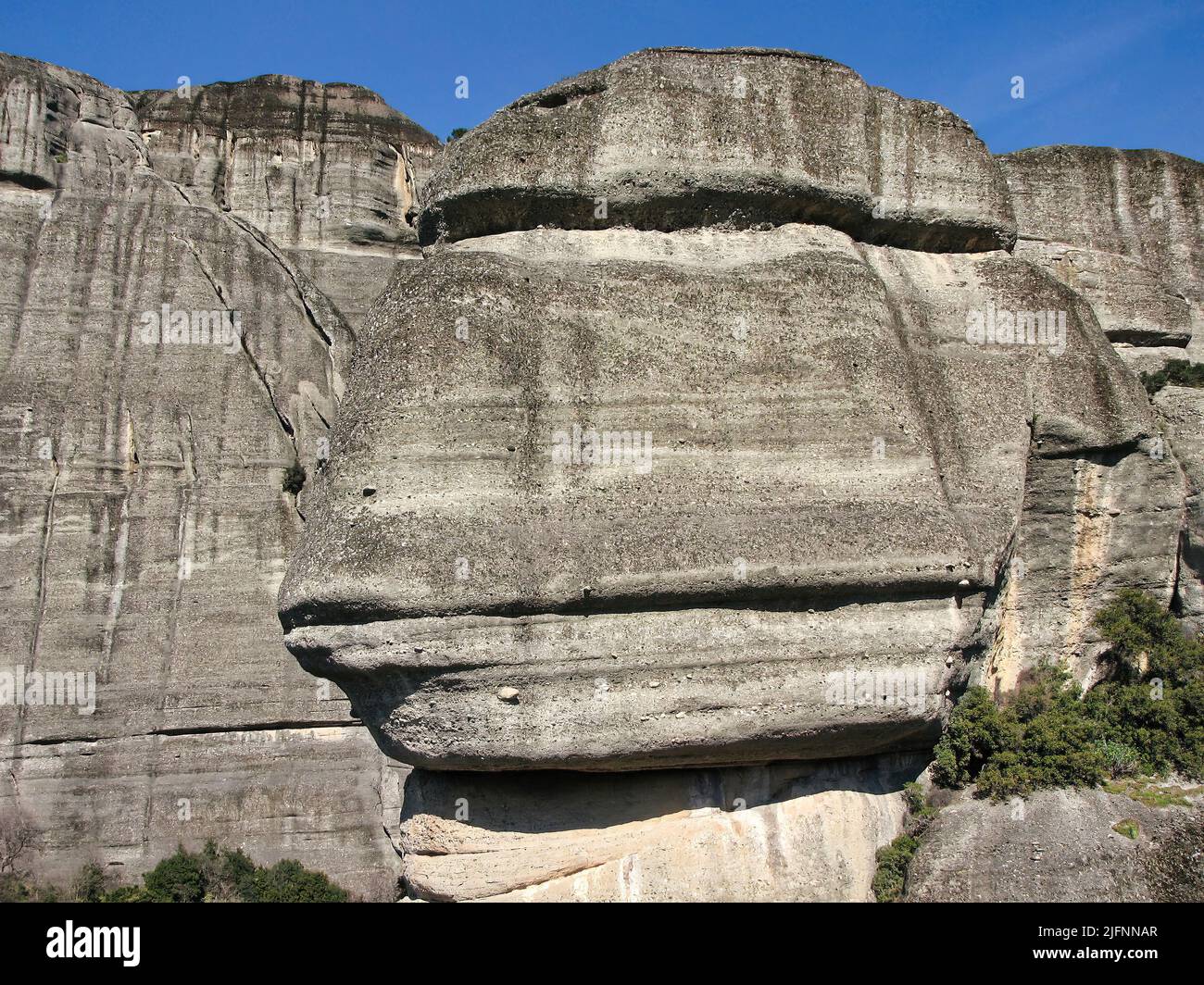 Greece Meteora landscape panoramic aerial view. Kalabaka village and famous rock formations. Stock Photo