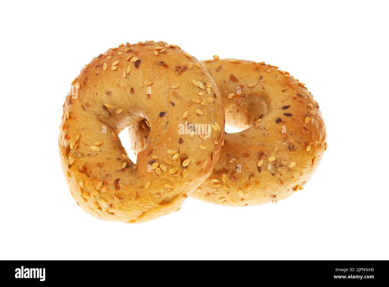 Two seeded bagels isolated against white Stock Photo