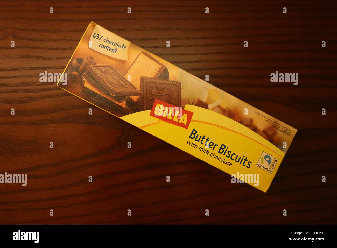 front of yellow package of Billa Butter Biscuits with milk chocolate Stock Photo Alamy