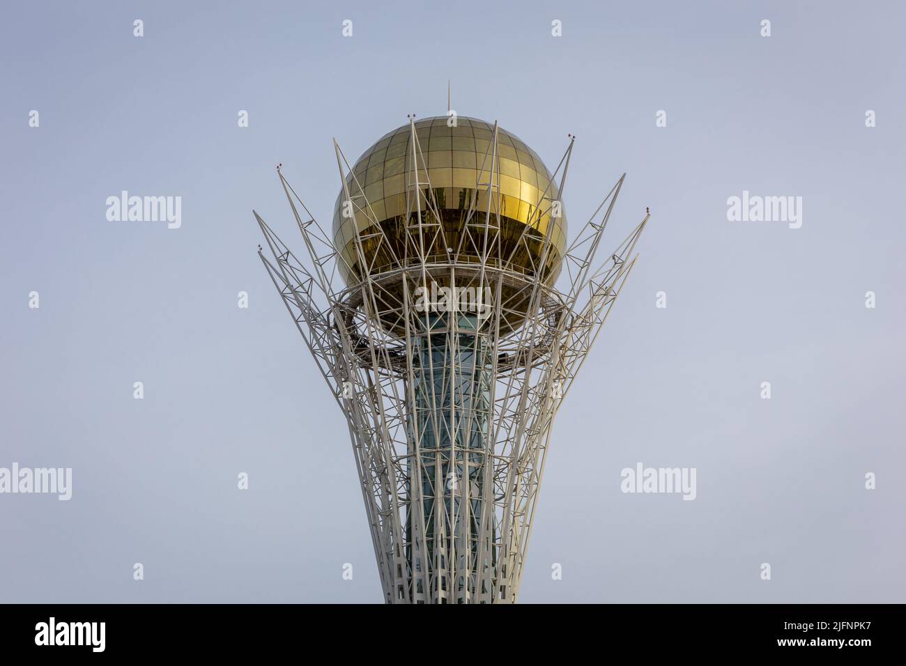 Nur Sultan (Astana), Kazakhstan, 11.11.21. Baiterek (Bayterek) Tower top, national landmark of Nur Sultan with golden sphere symbolizing golden egg Stock Photo