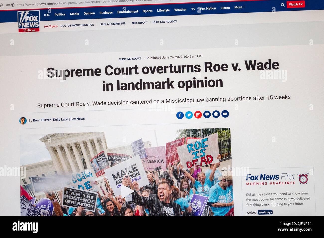 ''Supreme Court overturns Roe v Wade in landmark opinion': Fox News website following the Supreme Court decision on 24th June 2022. Stock Photo