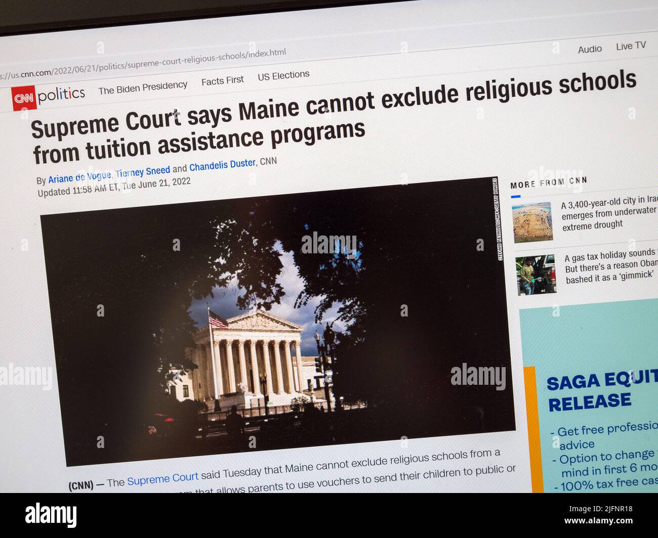 'Supreme Court says Maine cannot exclude religious schools...' headline on CNN News website, 21st June 2022. Stock Photo