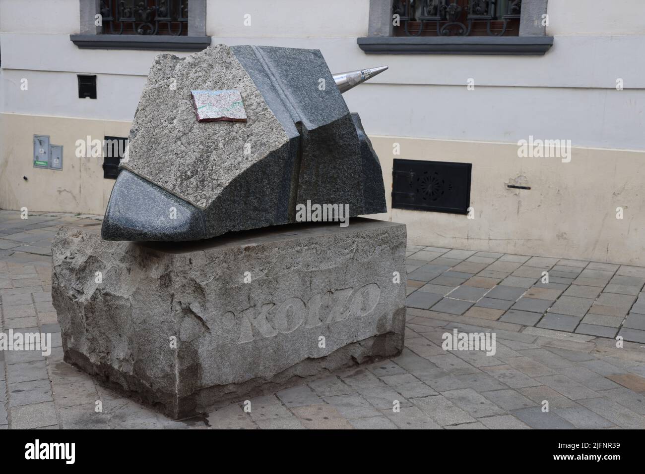 The Korzo rock in Old town Bratislava, memorizing the midpoint of the traditional meeting place for young men & women in 1950s & 60s Czechoslavakia Stock Photo