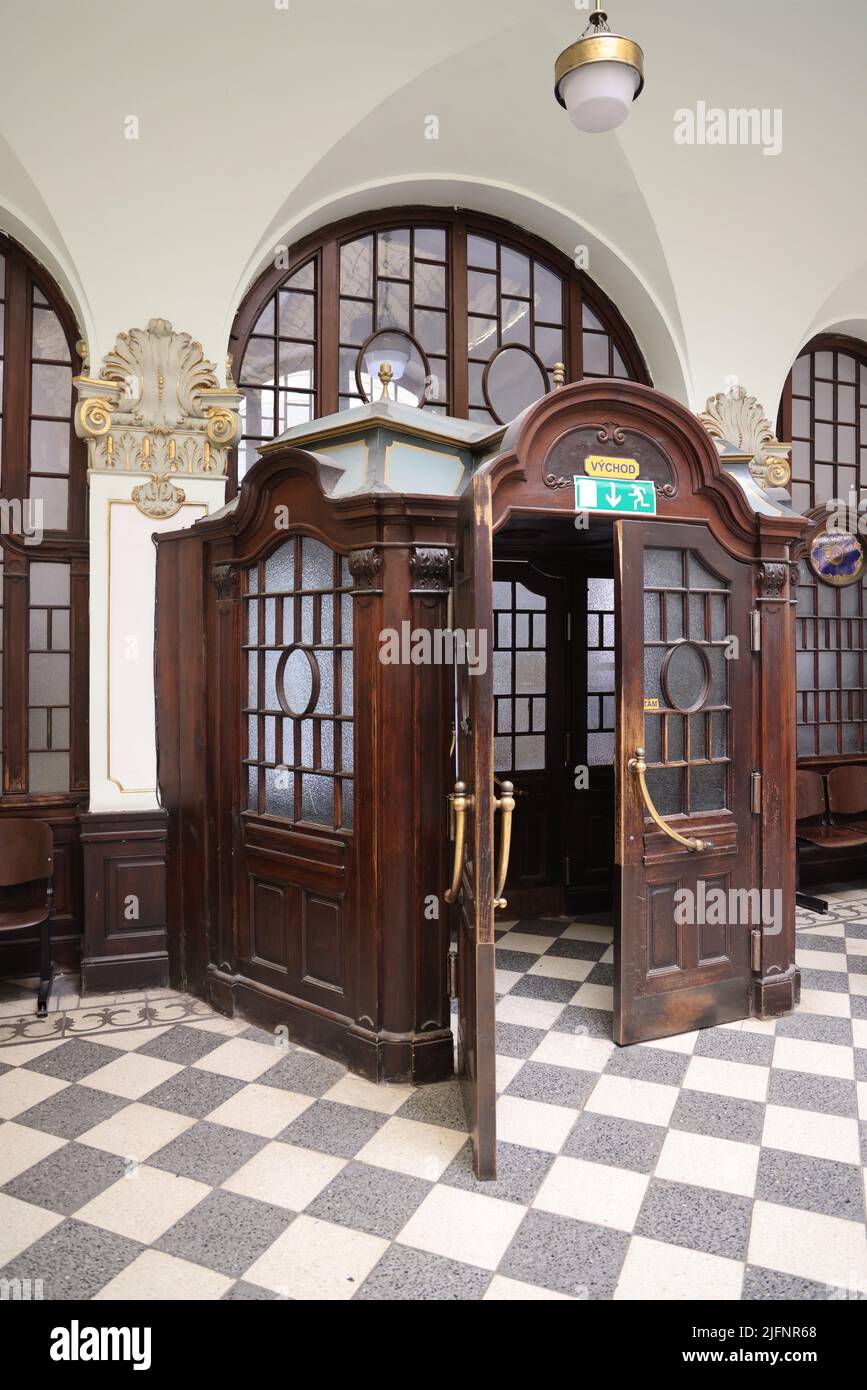 Interior of the main post office in Bratislava, Slovakia, showing doors to hall Stock Photo