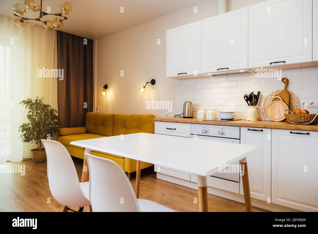 Mockup, empty table in bright kitchen interior. Copy paste for your ...