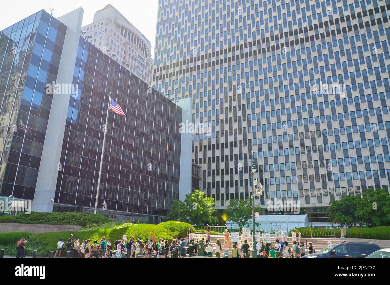 Activists gathered in front of Federal Plaza in New York City to demand reproductive rights for all Immigrants, on July 4, 2022. Stock Photo