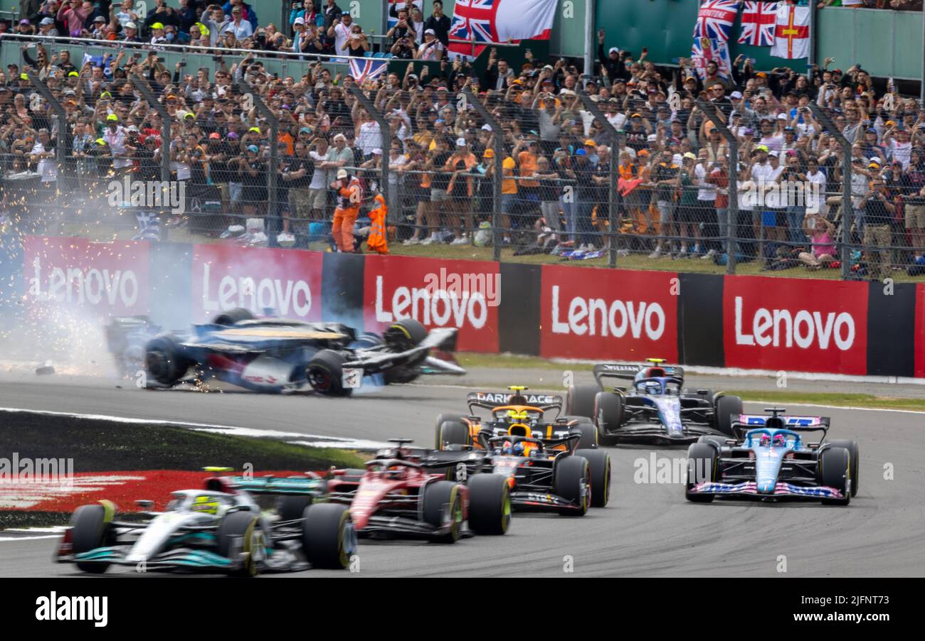 A closeup of a racetrack crash during Silverstone F1 Race 2022 Stock