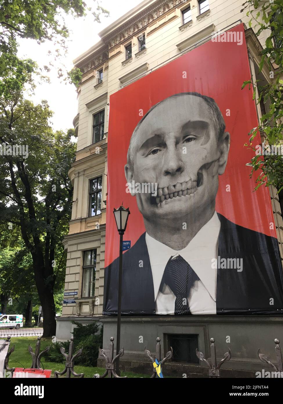 Izmir, RIGA, Latvia. 2nd July, 2022. Anti-Russia and anti-war notices posted in a building opposite the Russian embassy building in Riga-Latvia. (Credit Image: © Uygar Ozel/ZUMA Press Wire) Stock Photo