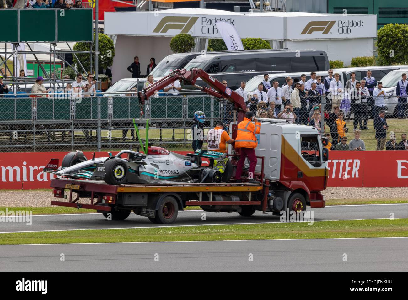 The famous George Russell, Mercedes, at Silverstone F1 Race 2022, Crash Stock Photo