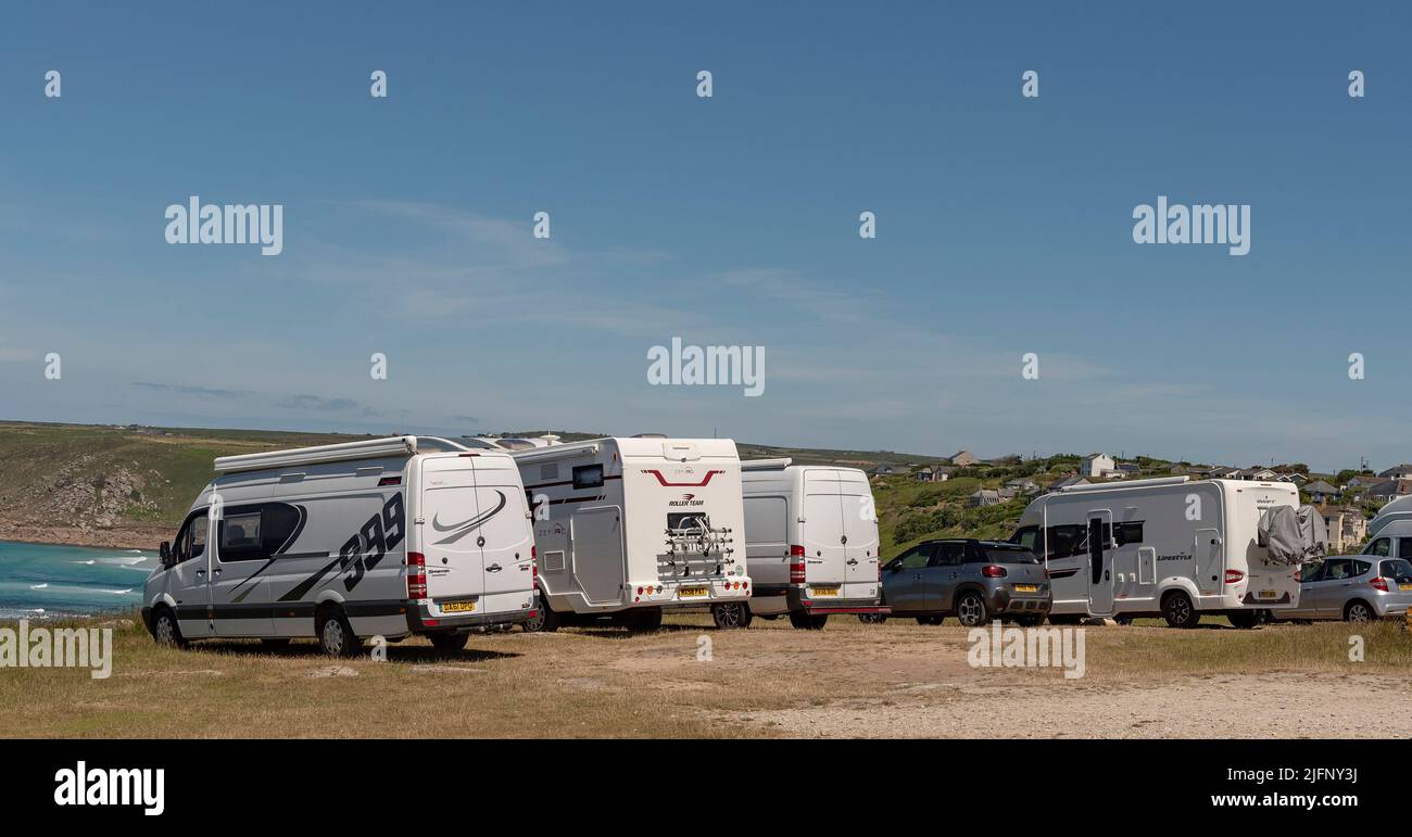 Cornwall, England, UK. 2022. Camper vans and motorhomes line the