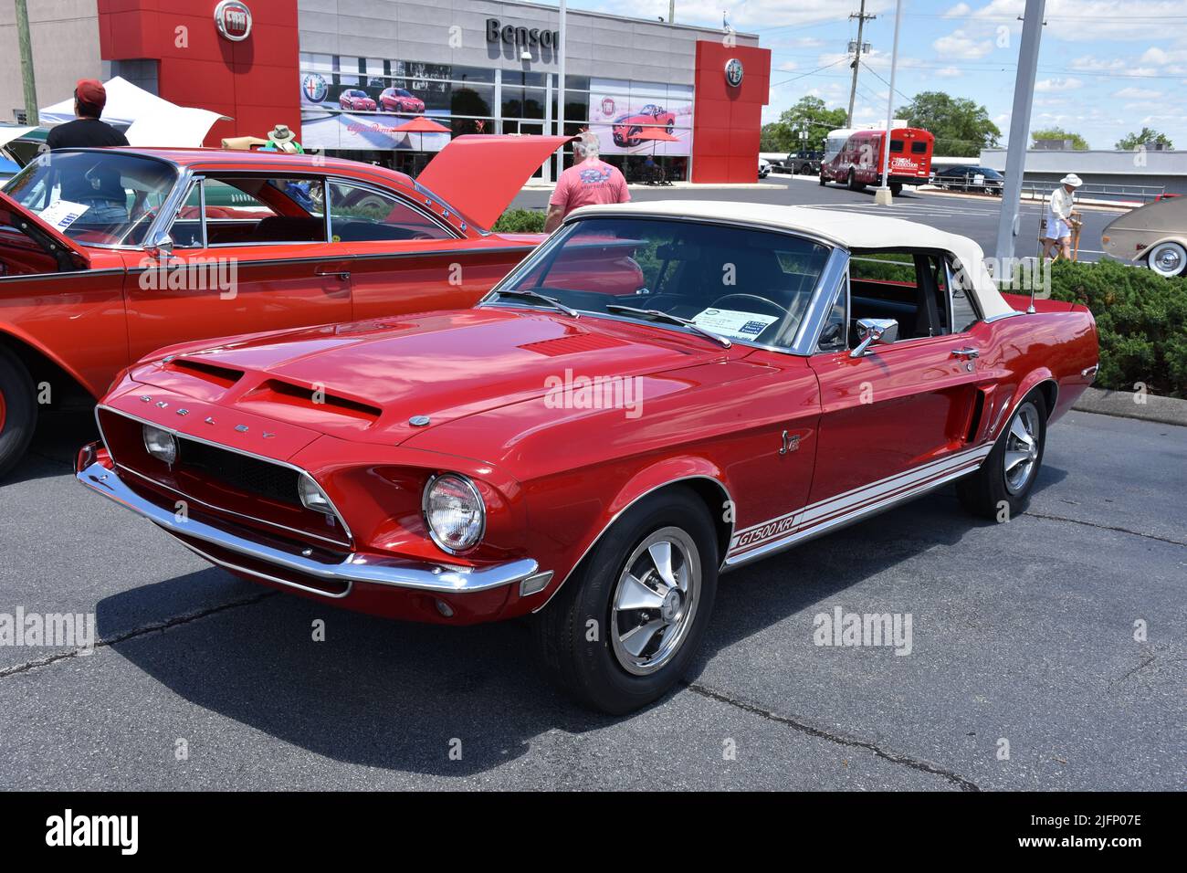 A 1968 Shelby Mustang GT500KR on display at a car show. Stock Photo