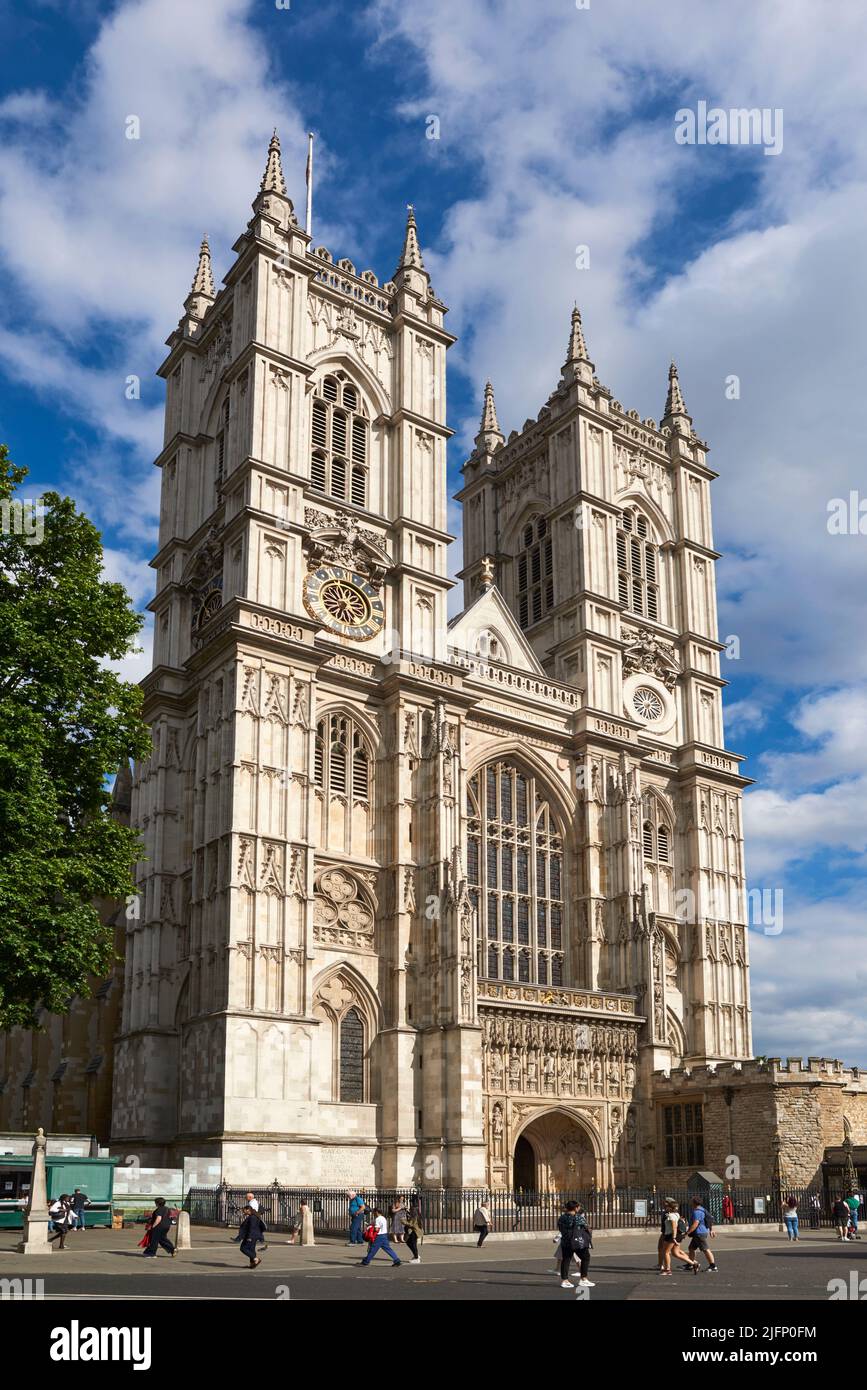 The western facade of Westminster Abbey, London England, featuring 18th century towers built by Nicolas Hawksmoor Stock Photo
