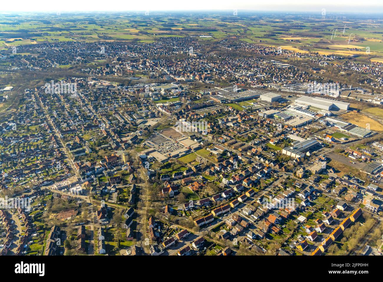 Aerial view, location view with distant view, in the centre the shopping centre at Dr.-Paul-Rosenbaum-Platz as well as industrial area Beckumer Straße Stock Photo
