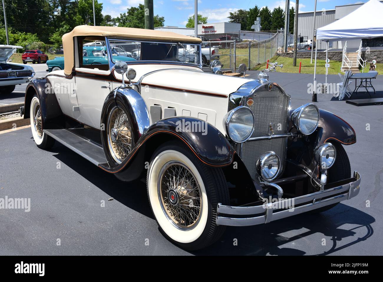A 1928 Packard Convertible on display at a car show. Stock Photo
