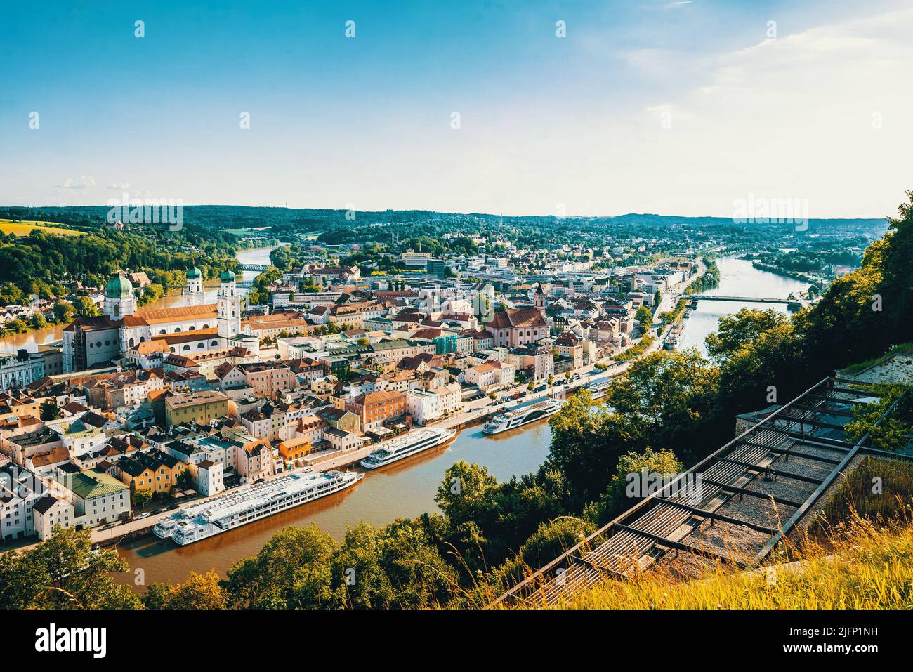 Panoramic view of city of Passau in Lower Bavaria in Germany. Toned image. Stock Photo