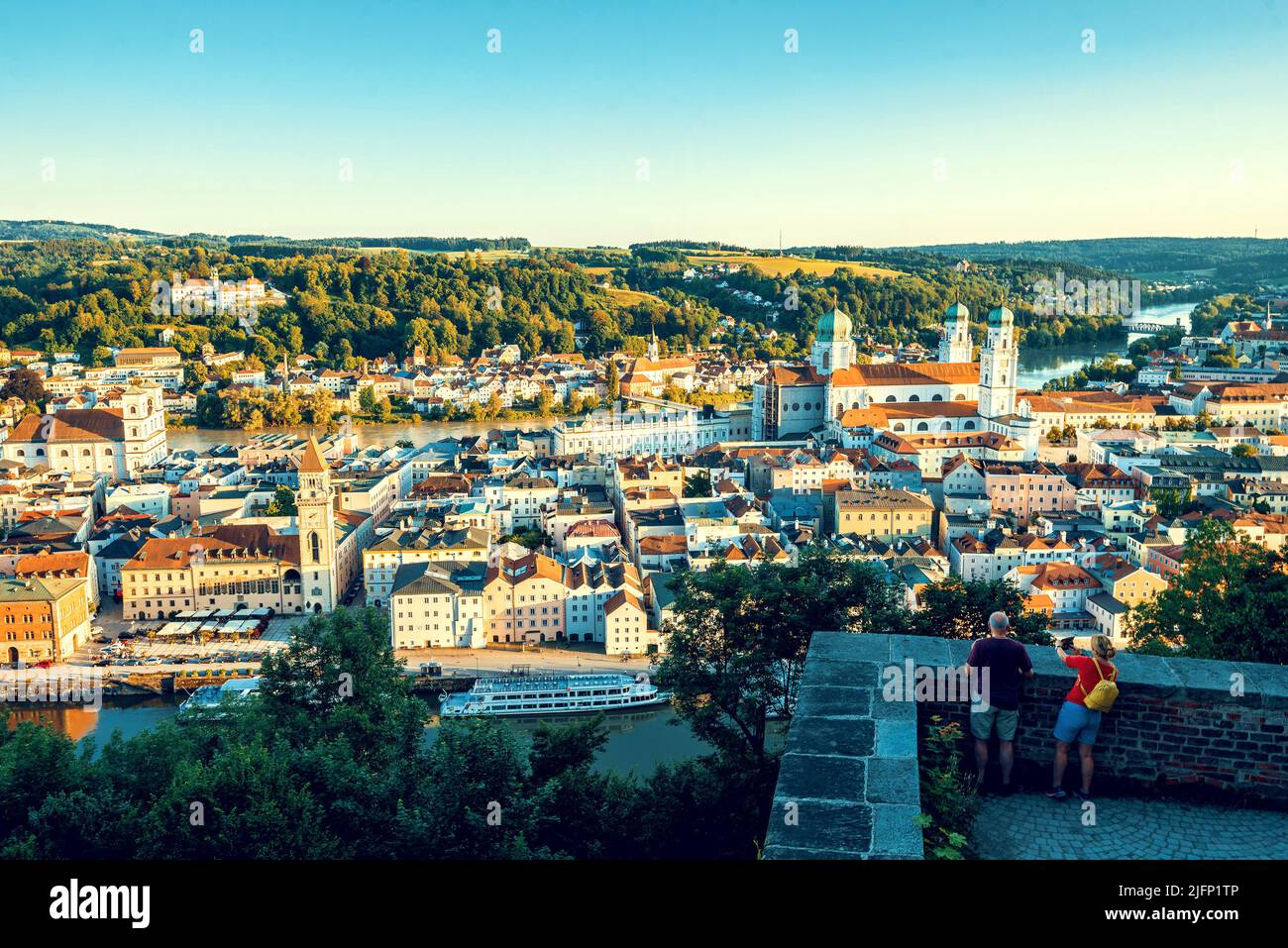 Panoramic view of city of Passau in Lower Bavaria in Germany. Toned image. Stock Photo