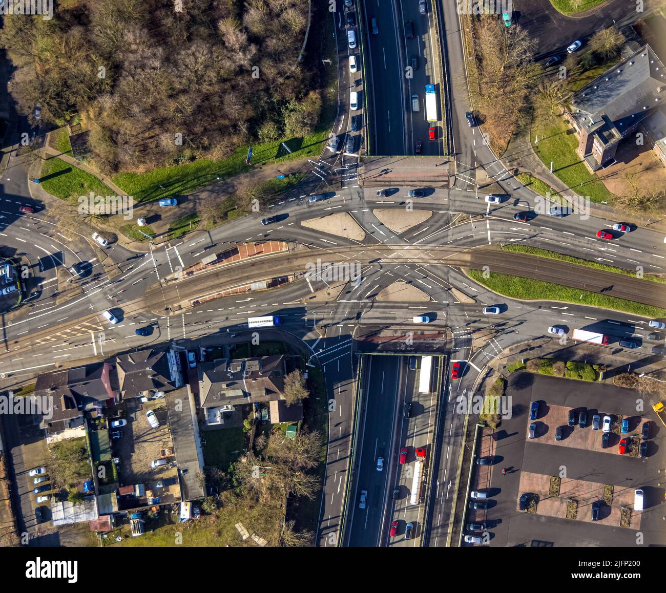Aerial view, intersection Bodelschwinghplatz and Dorstener Straße over the motorway A40 in the district Hofstede in Bochum, Ruhr area, North Rhine-Wes Stock Photo