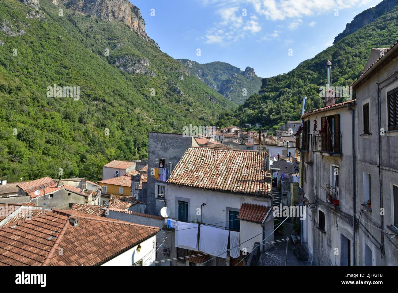 A Panoramic View Of Orsomarso Village In The Mountains Of Calabria 