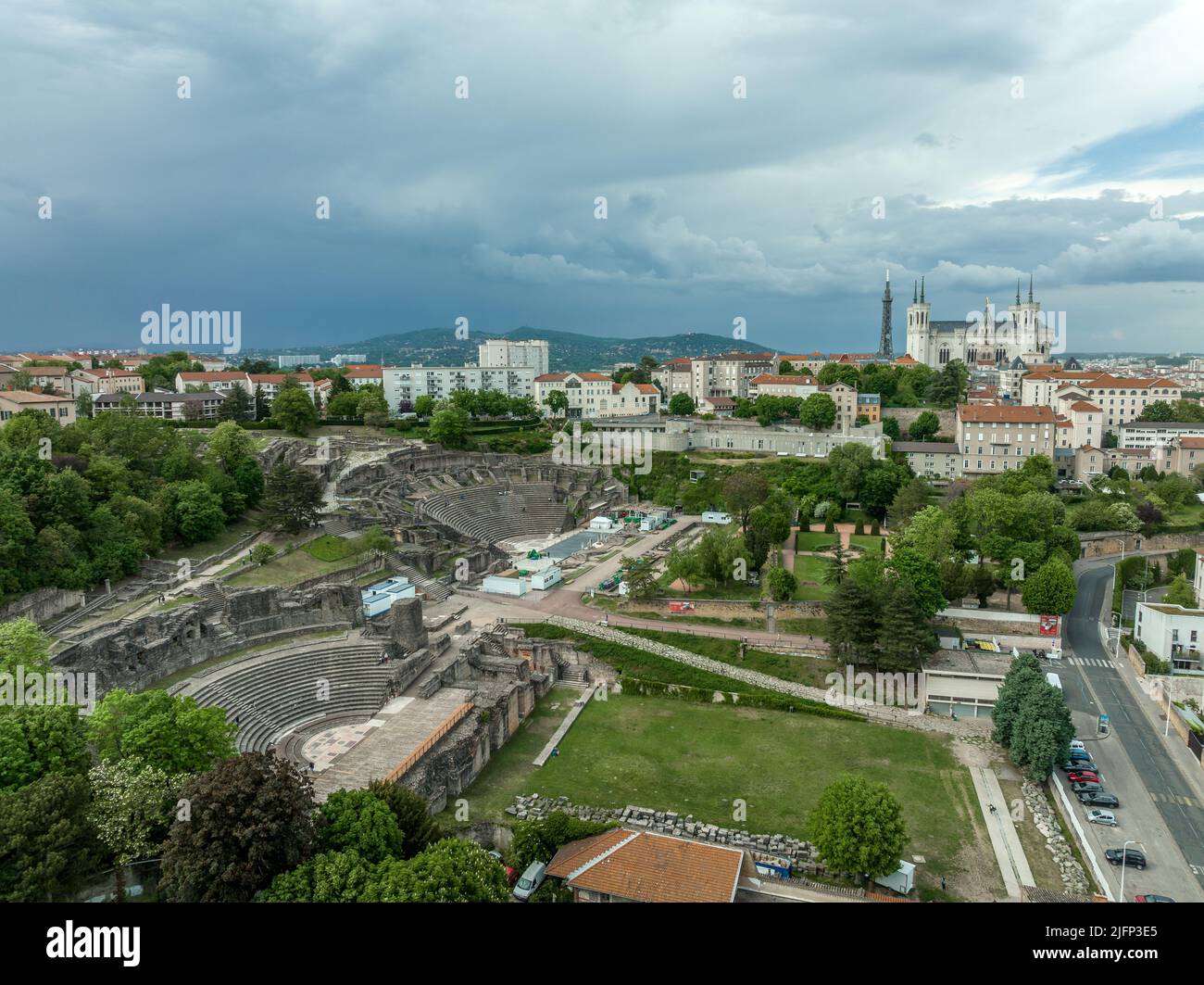 Aerial view of Lyon amphitheater and Roman ruins above the city Stock Photo