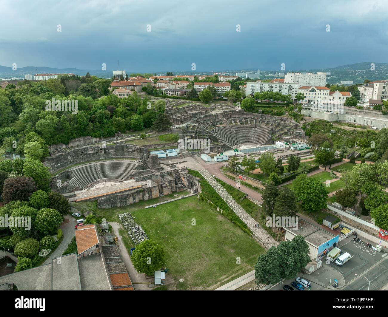 Aerial view of Lyon amphitheater and Roman ruins above the city Stock Photo