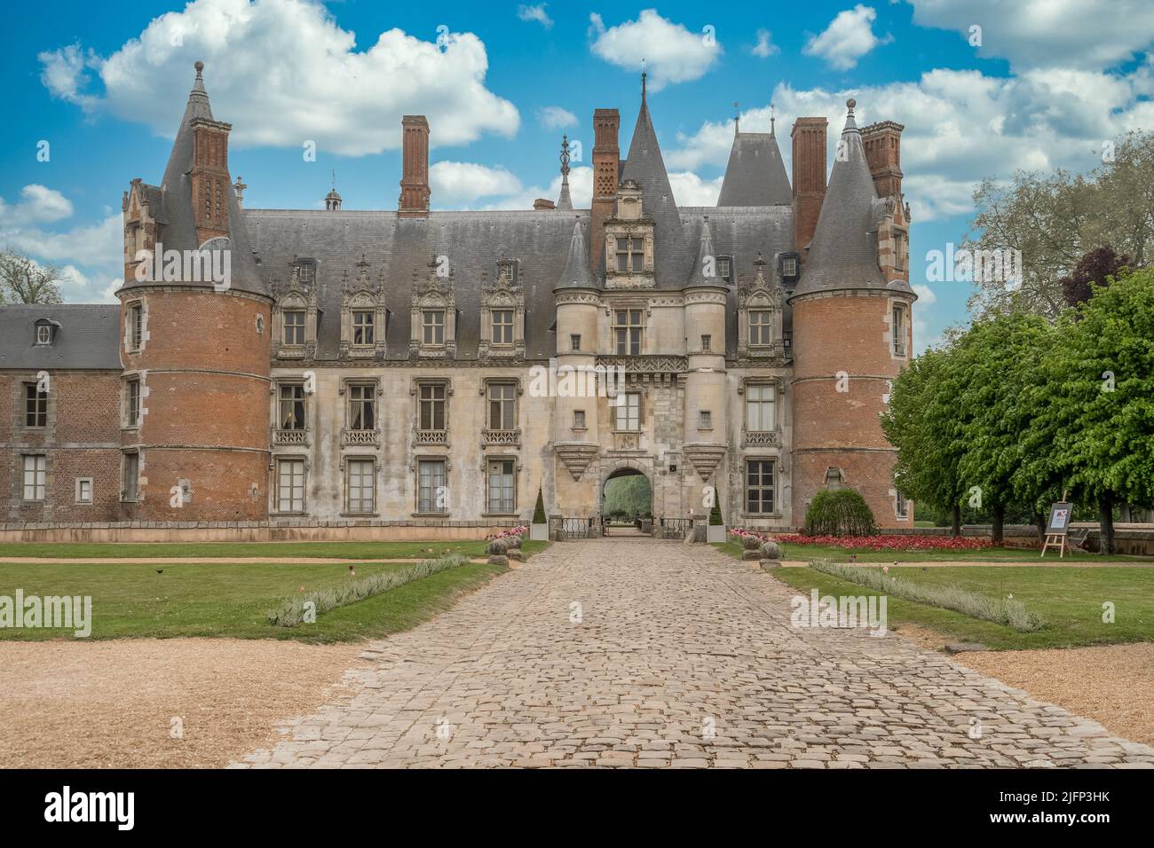 Aerial view of medieval Maintenon castle palace in France with French garden Stock Photo