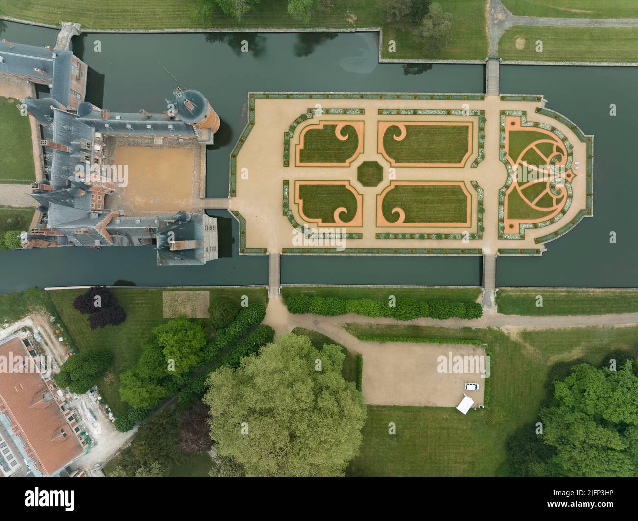 Aerial view of medieval Maintenon castle palace in France with French garden Stock Photo