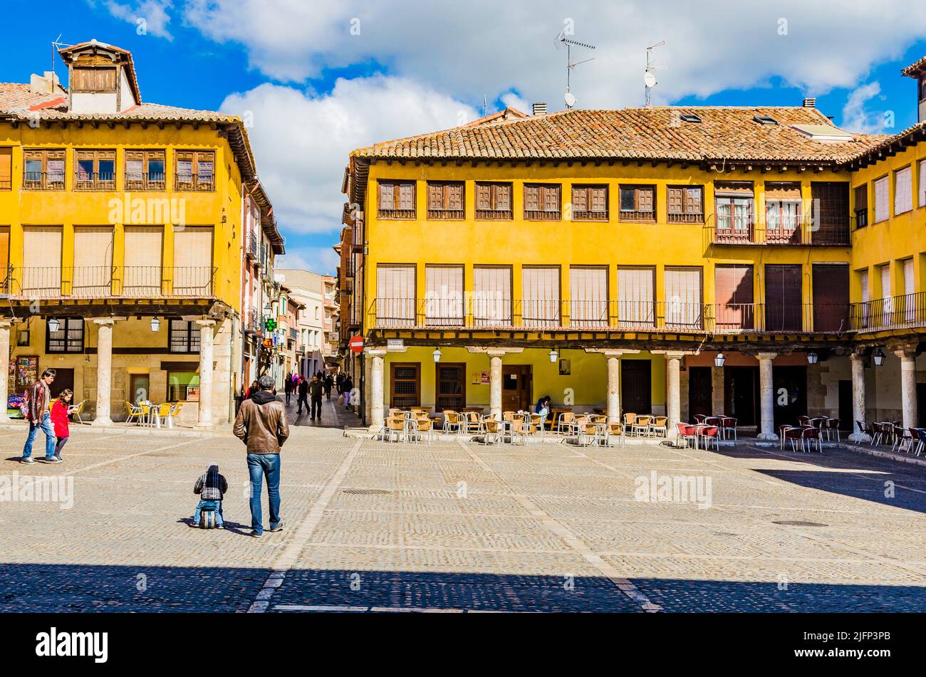 The Plaza Mayor, main square, is the historic central community space framed by the 17th century colonnade and porticos creating the arcade that encir Stock Photo