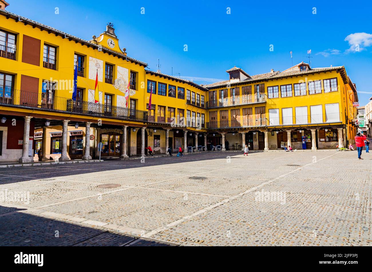 The Plaza Mayor, main square, is the historic central community space framed by the 17th century colonnade and porticos creating the arcade that encir Stock Photo