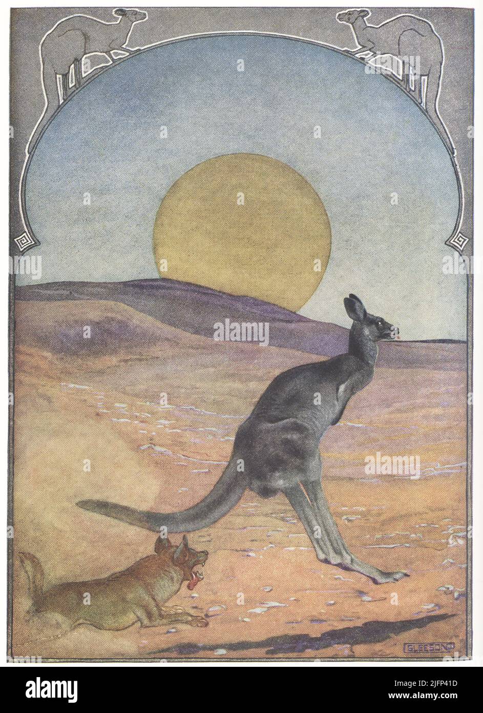 This 1912 image by J M Gleeson illustrates Kipling’s The Sing Song of Old Man Kanagroo. The Kangaroo used to have four short legs. He asked Little God Nqa to make him different from all other animals by five o’clock that afternoon and was told to go away. He asked Middle God Nquing the same, also to be “wonderfully popular,” and received the same answer. But when he asked Big God Nqong to be different, popular and “wonderfully run after” Nqong called up Yellow Dog Dingo. The Kangaroo was chased by the Dingo all across Australia till his legs ached. He came to a river and hopped across it on hi Stock Photo