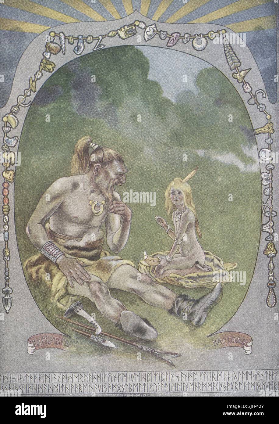This 1912 image by J M Gleeson illustrates Kipling’s How the alphabet was made. Neolithic man Tegumai Bopsulai is out fishing with his daughter Taffy. They talk about the episode in “How the First Letter was written”, when Taffy’s attempt to send a message in a drawing led to complete misunderstanding. Taffy suggests a way of representing the sounds of the Tegumai language in pictograms. Together she and her father evolve a system using familiar objects and facial expressions, which when simplified become letters of the alphabet. The system was adopted and improved for thousands of years and n Stock Photo