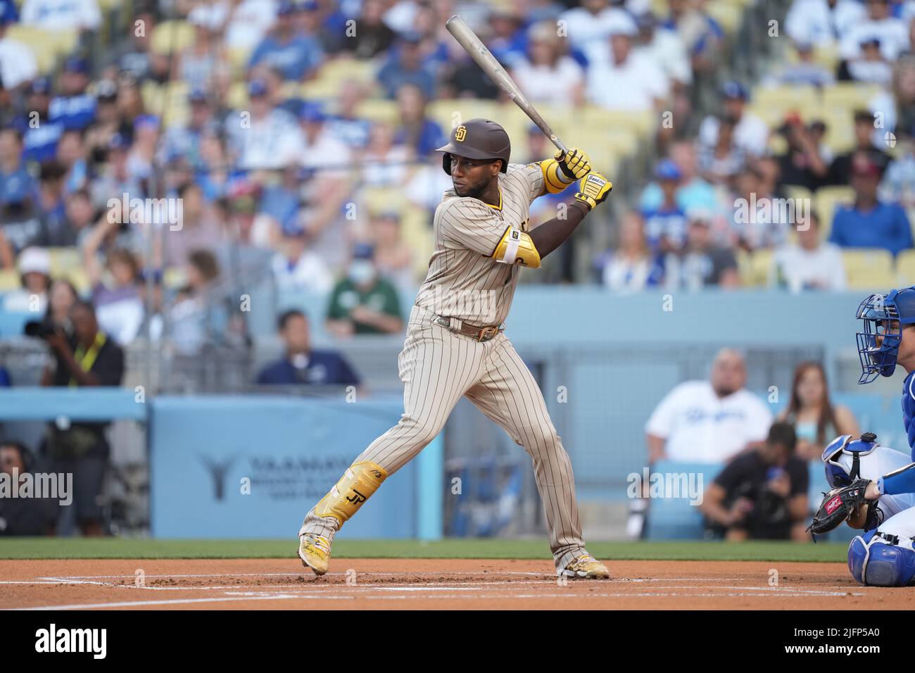 Los Angeles, United States. 30th June, 2022. San Diego Padres left fielder Jurickson  Profar (10) bats against the Los Angeles Dodgers during a baseball game,  Thursday, June 30, 2022, in Los Angeles.