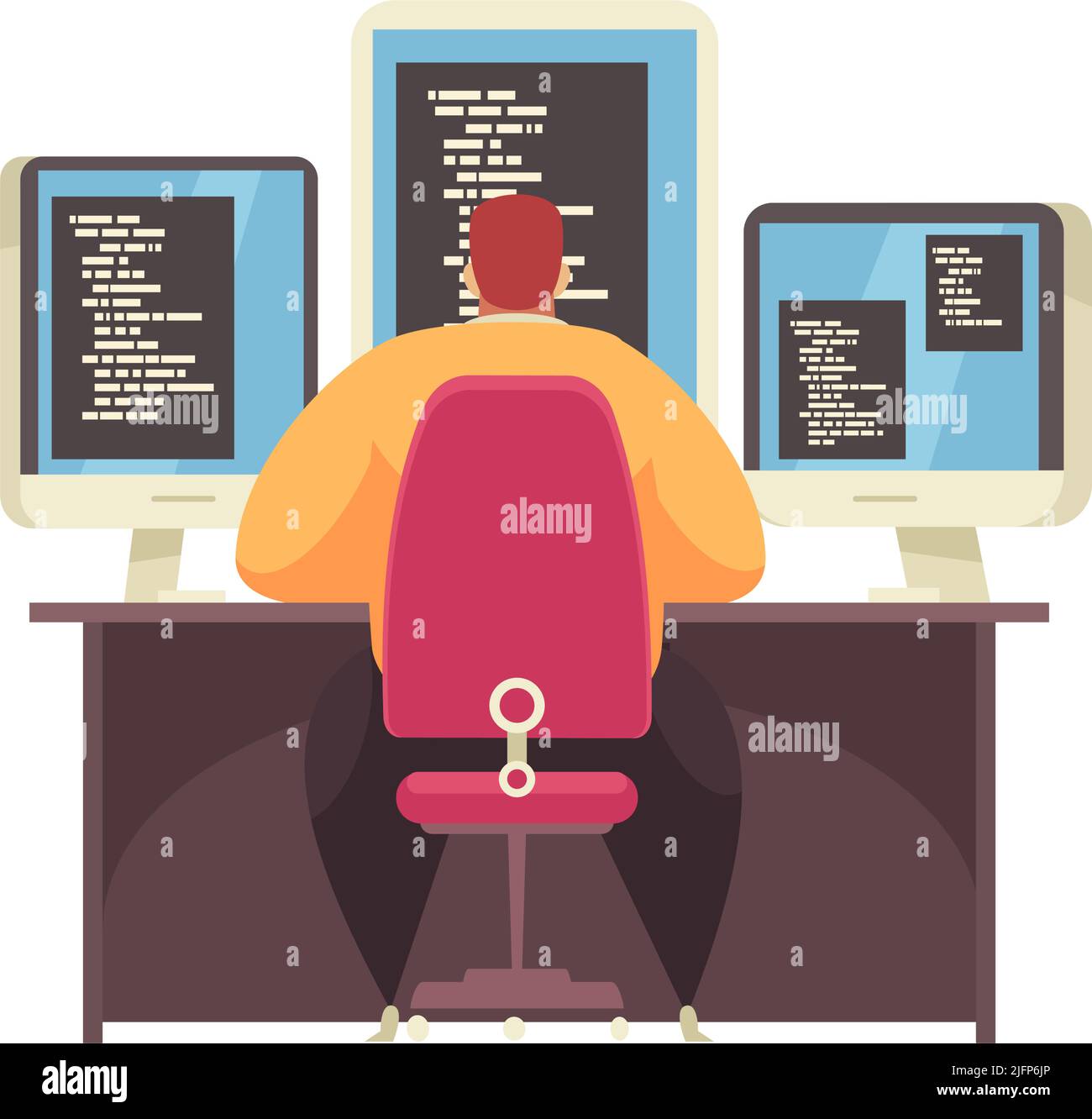 Male programmer working at desk with three computer monitors back view ...