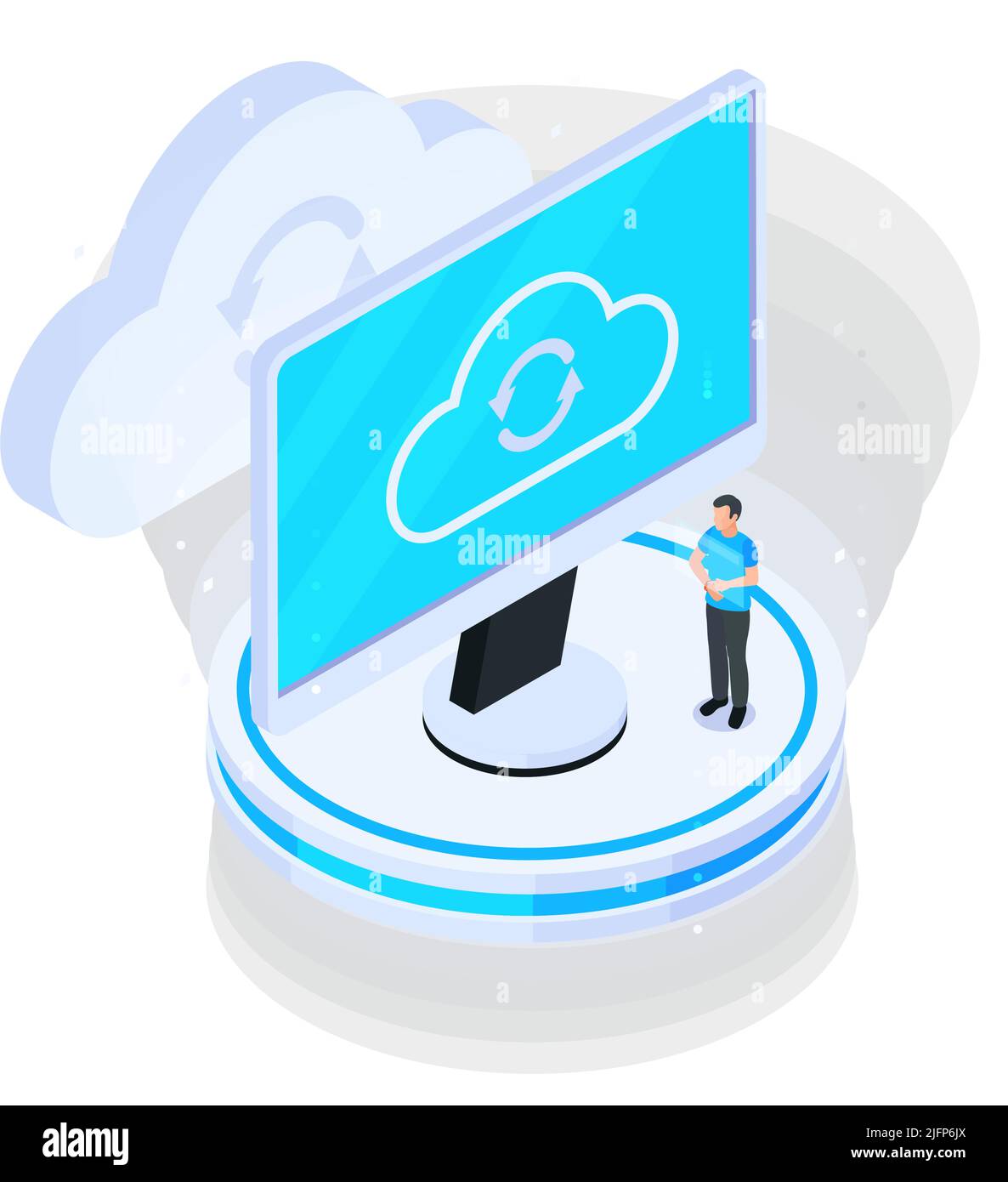 Cloud services isometric composition with computer screen showing cloud sync icon and human character vector illustration Stock Vector