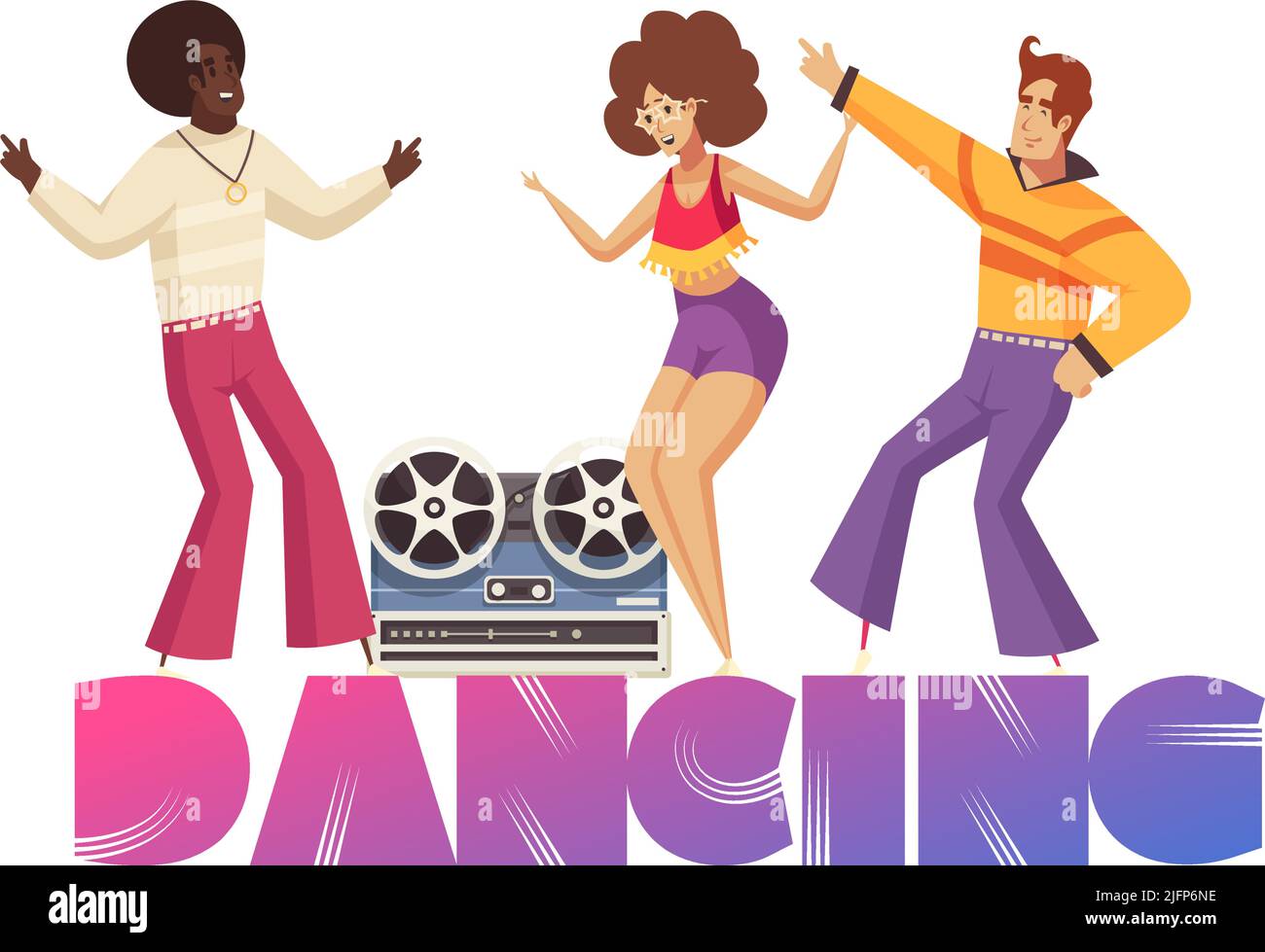 Disco party composition with text and characters of dancing people ...