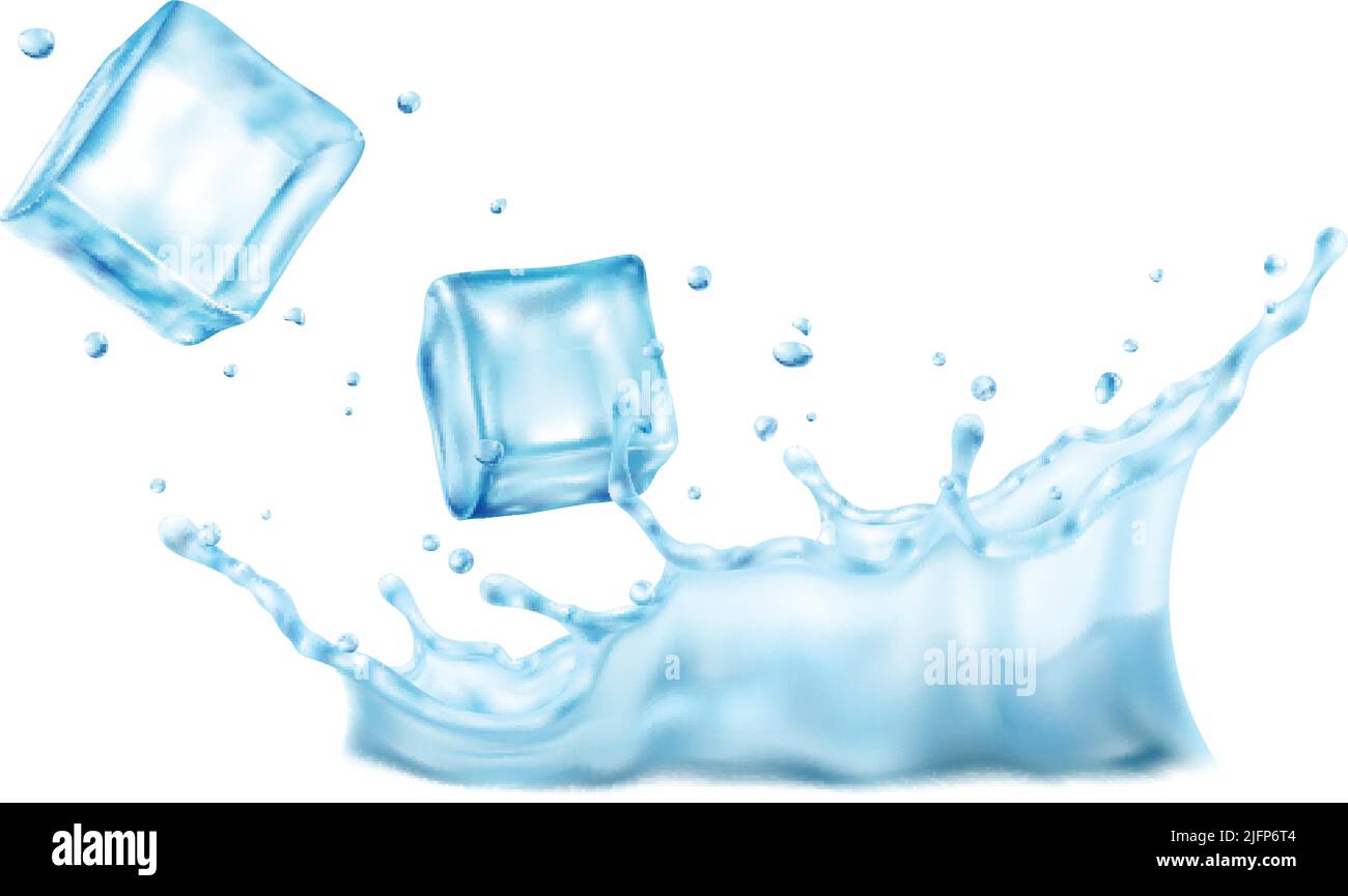 Realistic composition with images of water splash with ice cubes on ...
