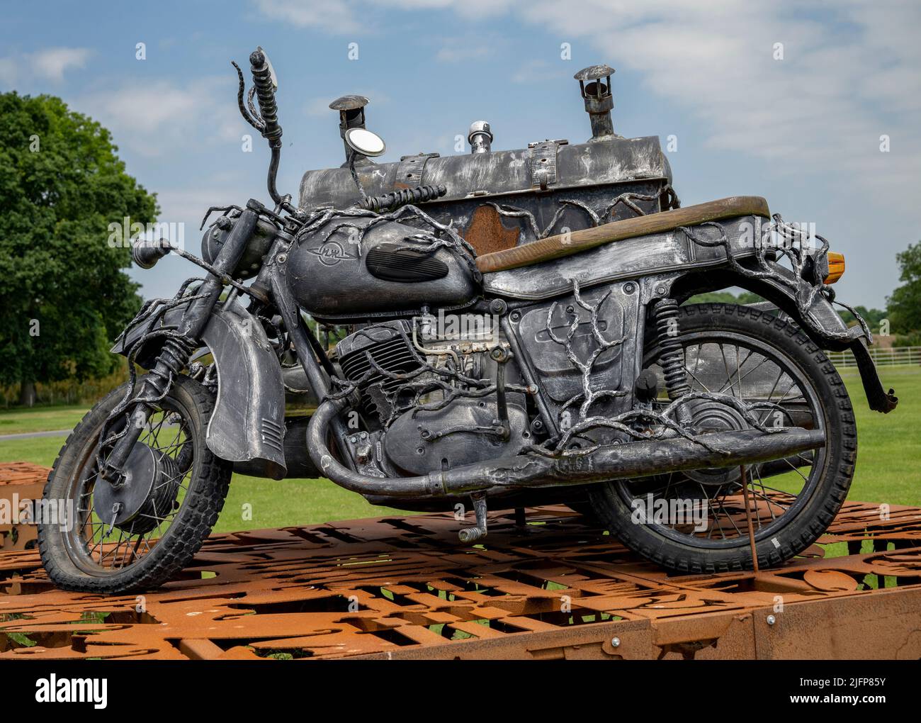 The British Ironwork Centre, Motorcycle Exhibit/Sculpture Stock Photo