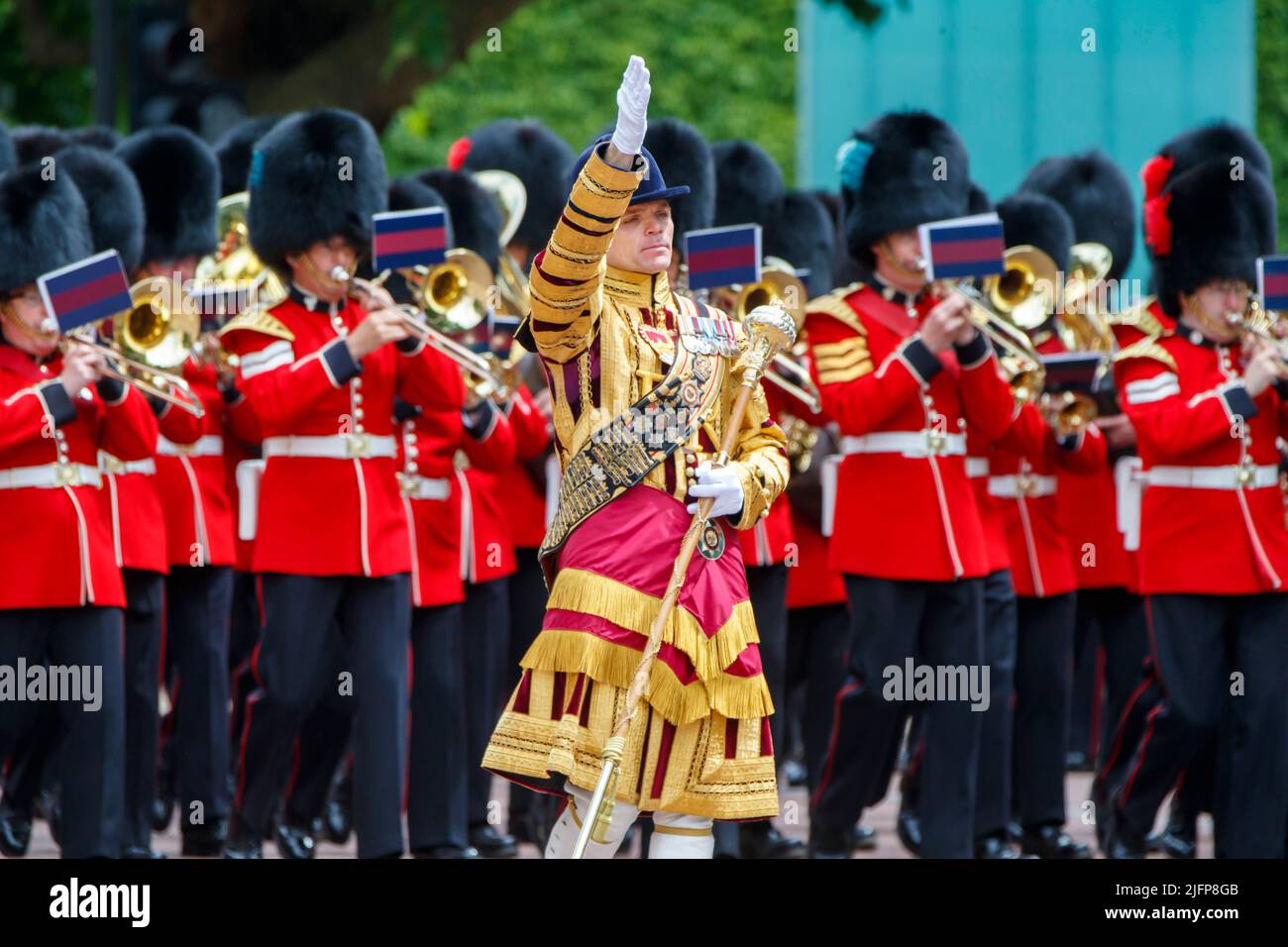 Drum Major leads the massed bands of household division at Trooping the Colour, Colonel’s Review
